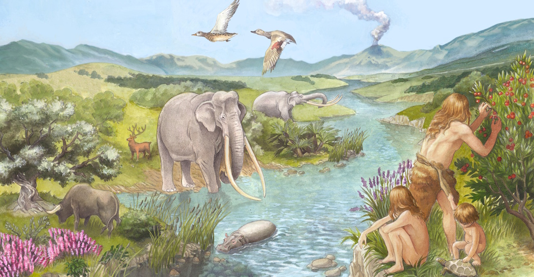 Lungo il fiume di Casal de’ Pazzi vivono uomini, donne e bambini di Neanderthal ma anche numerosissime specie animali e vegetali, tra le quali molte estinte, tra cui spicca l’elefante dalle zanne dritte. Il disegno è opera di Alice Siracusano, realizzato per conto del Digilab Sapienza (Intervento PNRR M1C3 1.2 – “Casal de’ Pazzi Accessibile”. Proprietà del Museo di Casal de’ Pazzi) 