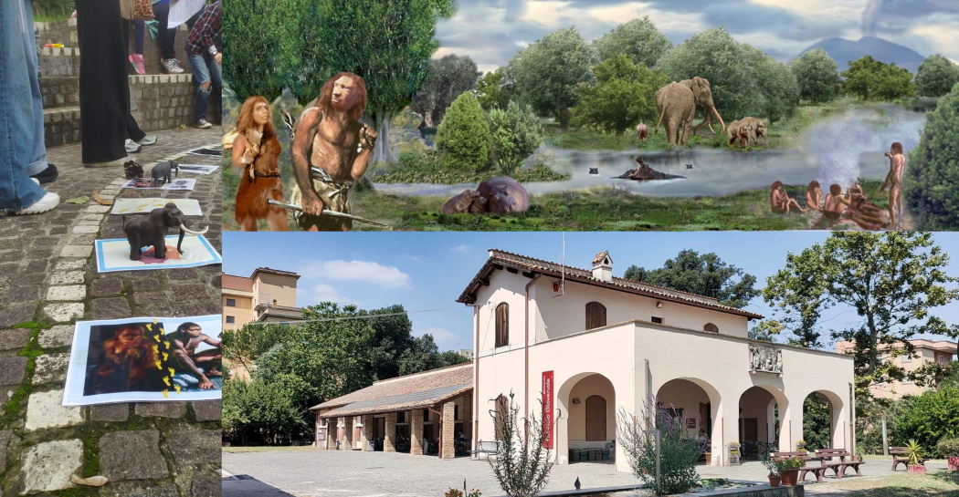 Bambini e adulti giocano al gioco dell’oca a tema preistorico basato sulla vita presso il Tevere e l’Aniene durante il Pleistocene, “osservati” da un gruppo di Neandertaliani in cammino lungo le sponde fluviali, presso i luoghi di Casal de’ Pazzi che maggiormente ne raccolgono l’eredità culturale: il Museo omonimo e la Biblioteca “F. Giovenale”